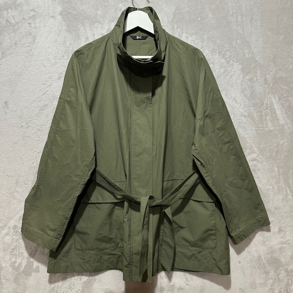 Uniqlo C Women Small Green Cotton Blend Belted Stand Collar Oversized Coat